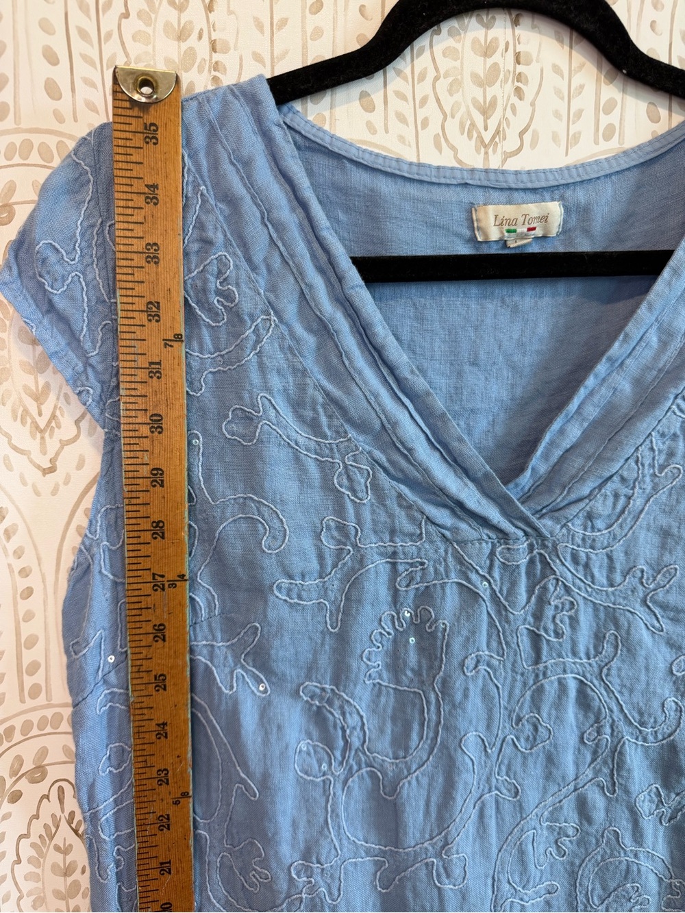 Lina Tomei Sequin & Embroidered 100% Linen Blue Dress size Large - Picture 9 of 10